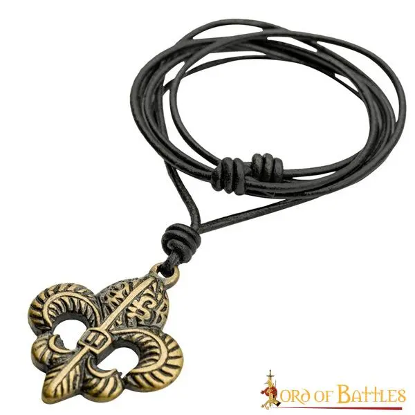 Fleur-de-Lis Pendant With Adjustable Leather Cord Antiqued Brass Accessory
