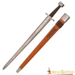 10th C Viking Sword With Antiqued Steel Blade And Leather Scabbard
