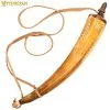 Mythrojan 14″Hand Carved Powder Horn With Leather Strap For Civil War Re-Enactment Black Powder – Mountain Man Reenactment – Beige Color With M Bag