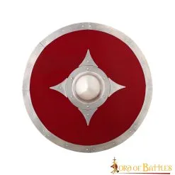 Viking Wooden Red Combat Shield With Steel Fittings And Umbo