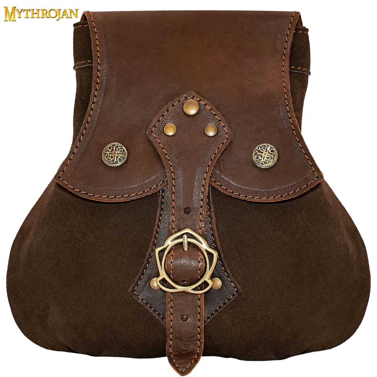 MYTHROJAN “STALWART WARRIOR” LEATHER POUCH For LARP, Medieval SCA Cosplay Brown, 8”×8”