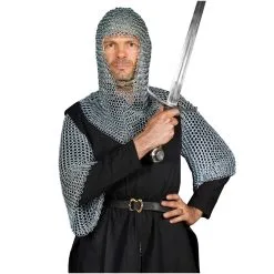 Mythrojan Chainmail Shirt With Coif Medieval Knight Armor Costume – Zinc Polish, XL