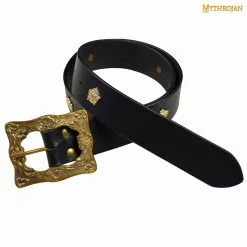 Mythrojan “The Venturing Pirate” Leather Belt With Solid Brass Buckle, Ideal For LARP SCA Medieval Renaissance Knight Reenactment, Black, 60 Inches