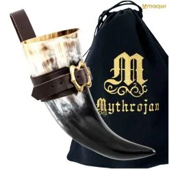 Mythrojan THE LOYAL SOLDIER – Viking Drinking Horn With Brown Leather Holder Authentic Medieval Inspired Viking Wine/Mead Mug – Polished Finish