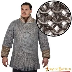 Flat Ring Chainmail Medieval Half Sleeves Shirt Haubergeon, Wedge Riveted, ID 9 Mm, Natural