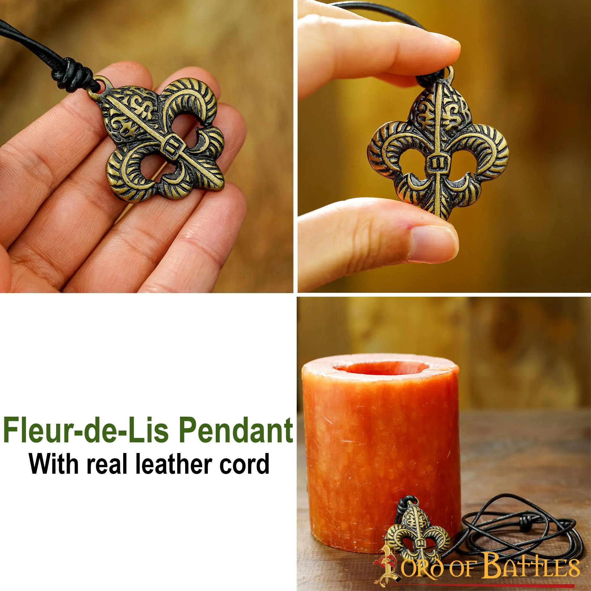 Fleur-de-Lis Pendant With Adjustable Leather Cord Antiqued Brass Accessory - Image 4