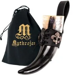 Mythrojan THE KNIGHT OF REALM Viking Drinking Horn With Black Leather Holder Authentic Medieval Inspired Viking Wine/Mead Mug – Polished Finish