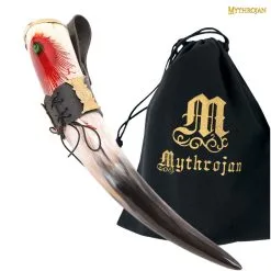 Mythrojan THE DARK WITCH – Viking Drinking Horn With Black Leather Holder Authentic Medieval Inspired Viking Wine/Mead Mug – Polished Finish