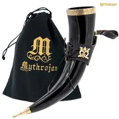 Mythrojan THE ELEGANT LADY Viking Drinking Horn With Black Leather Holder Authentic Medieval Inspired Viking Wine/Mead Mug – Polished Finish