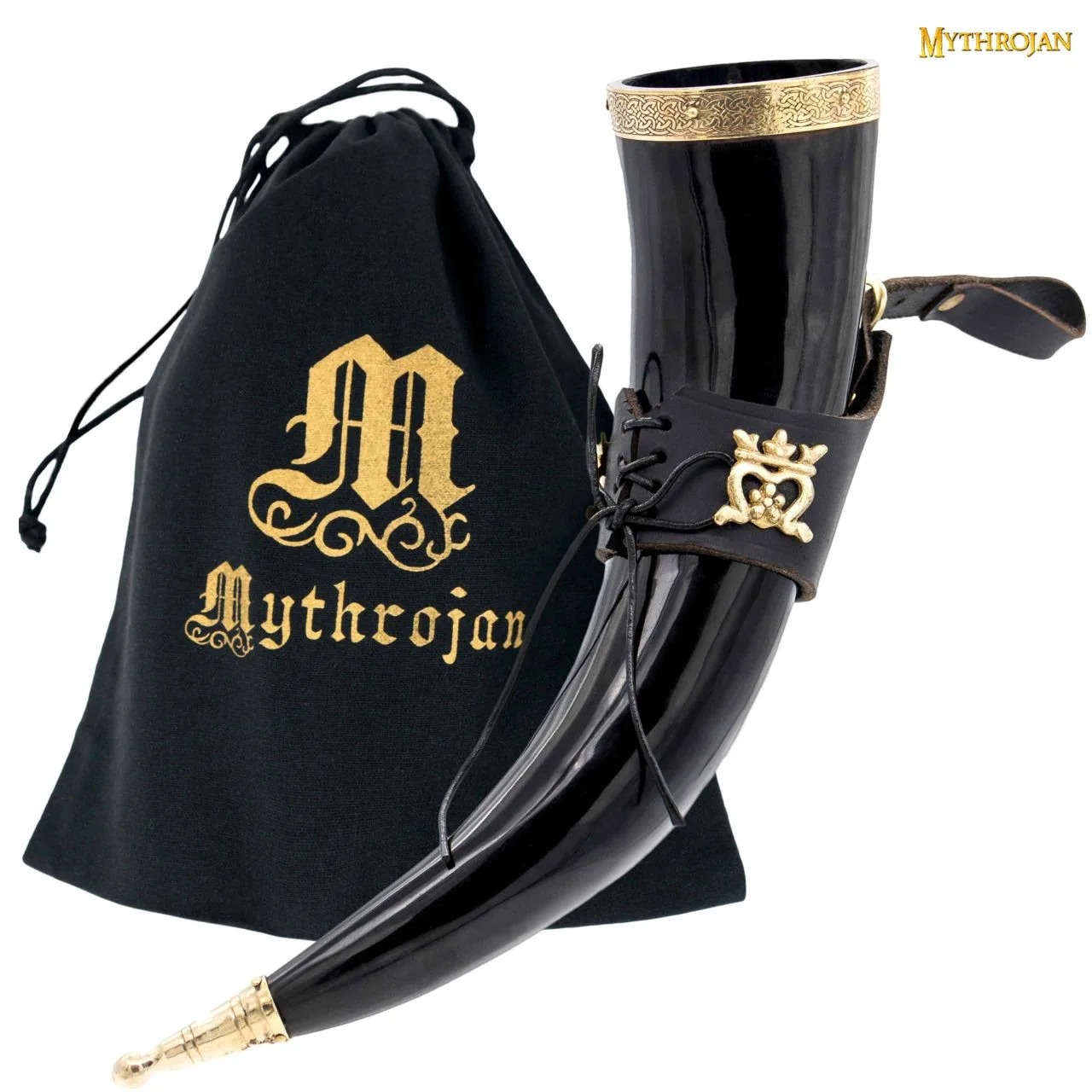 Mythrojan THE ELEGANT LADY Viking Drinking Horn With Black Leather Holder Authentic Medieval Inspired Viking Wine/Mead Mug – Polished Finish