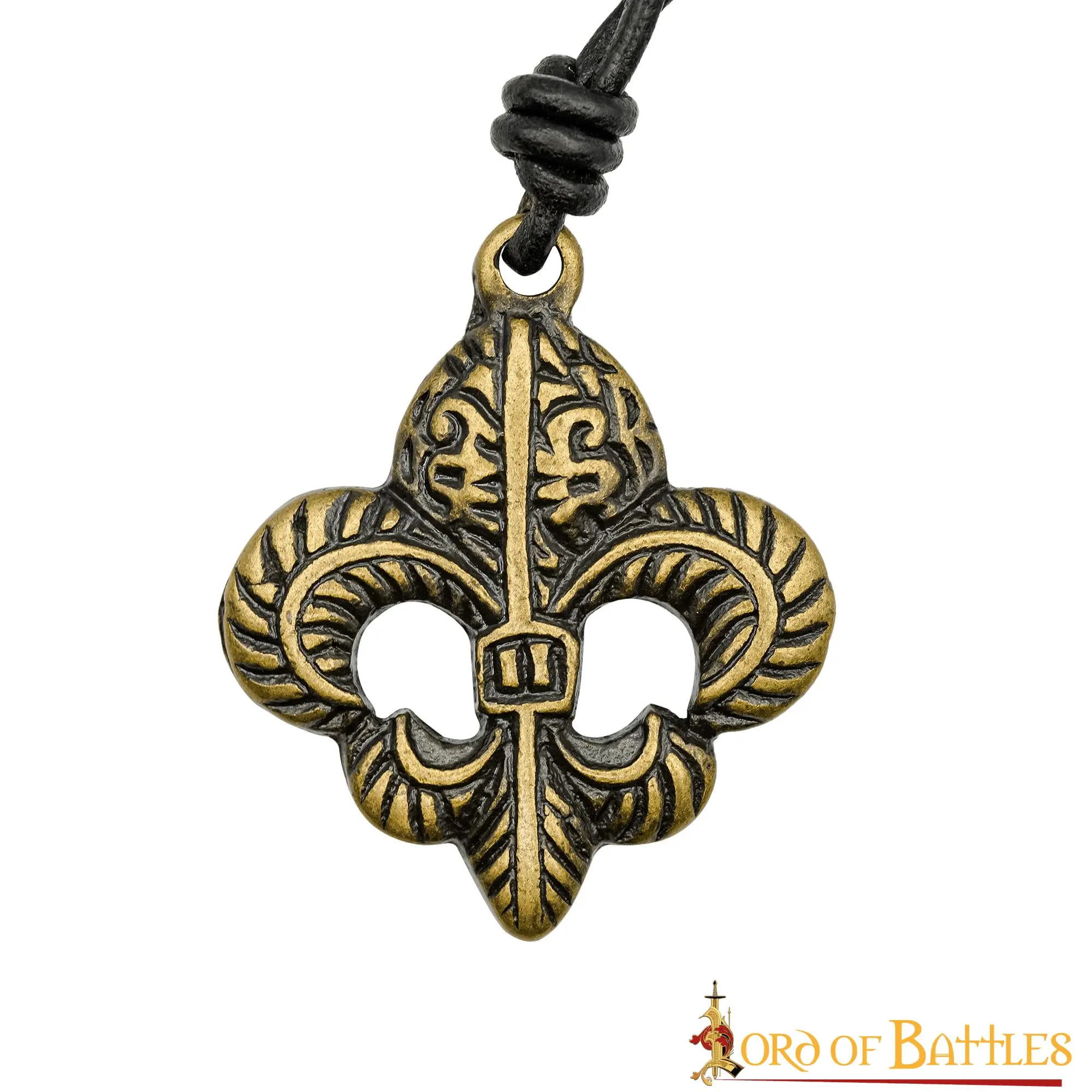 Fleur-de-Lis Pendant With Adjustable Leather Cord Antiqued Brass Accessory - Image 2