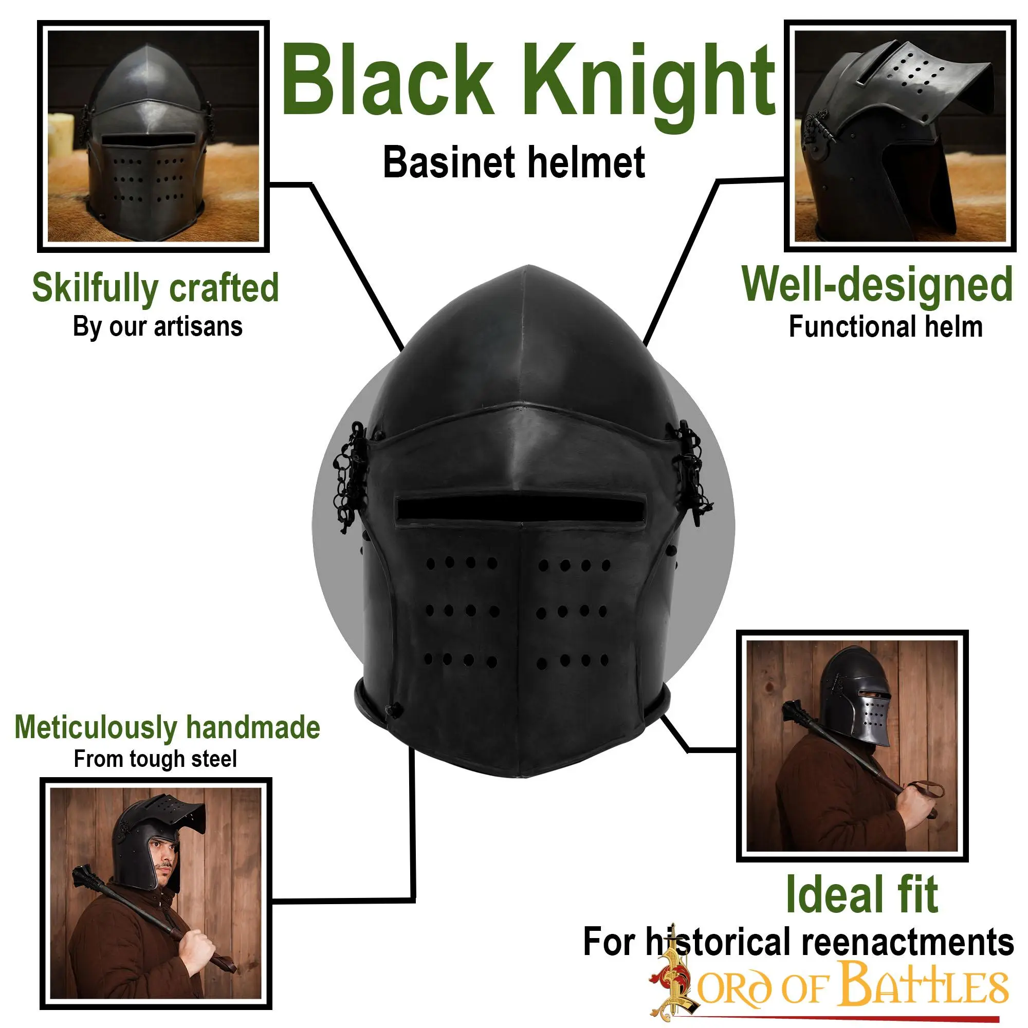 Black Knight Basinet Helmet With Detachable Visor And Leather Liner - Image 4