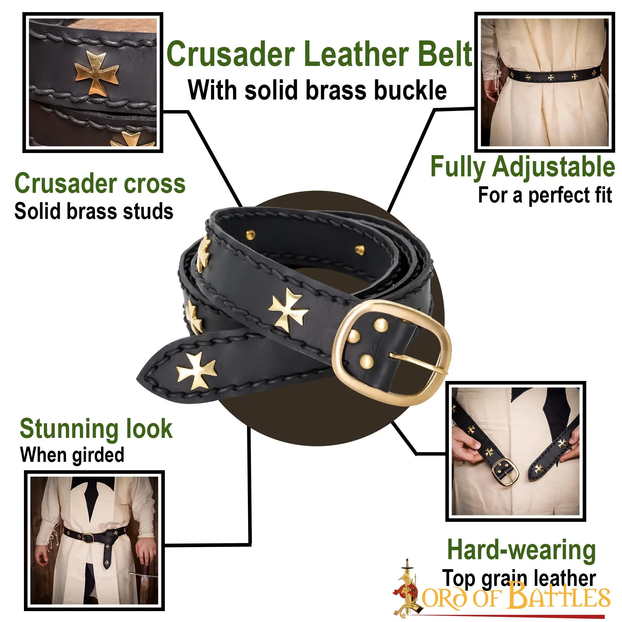 Medieval Crusader Genuine Leather Belt Pure Brass Cross Belt Mount - Image 4