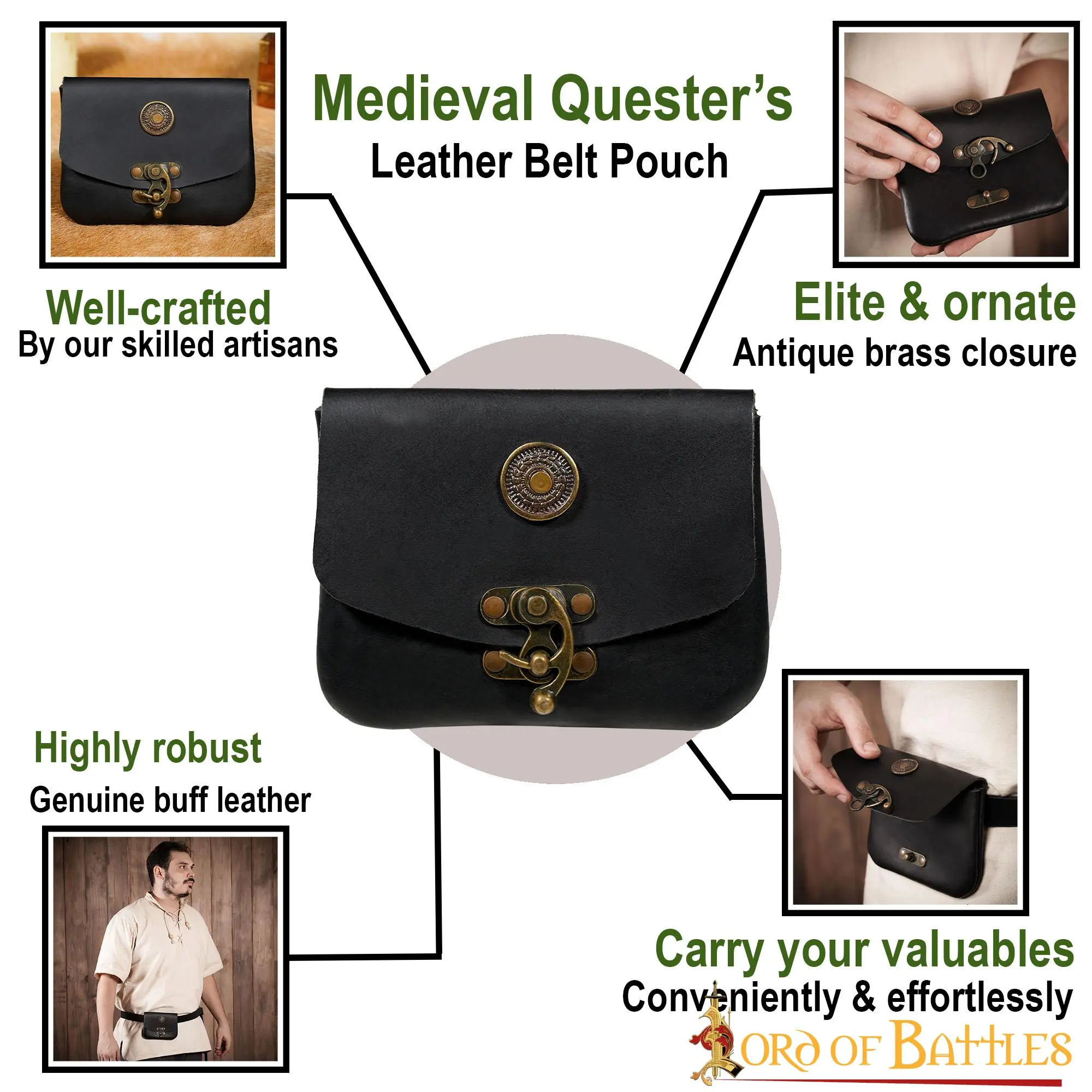 Medieval Quester’s Leather Belt Pouch With Antiqued Brass Closure - Image 3