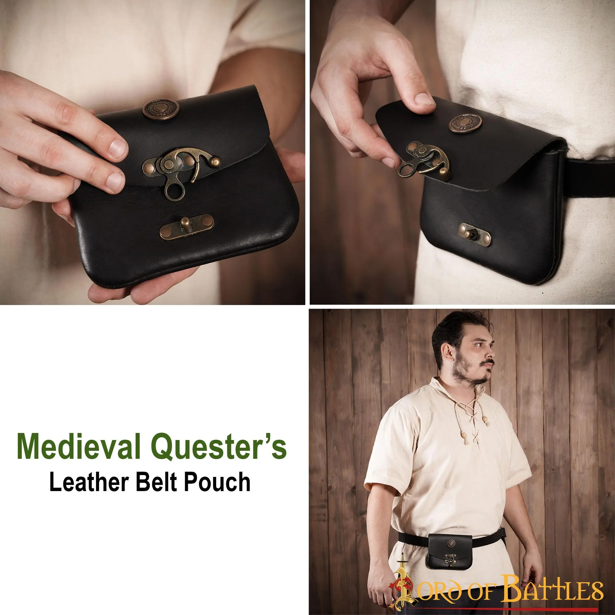 Medieval Quester’s Leather Belt Pouch With Antiqued Brass Closure - Image 4