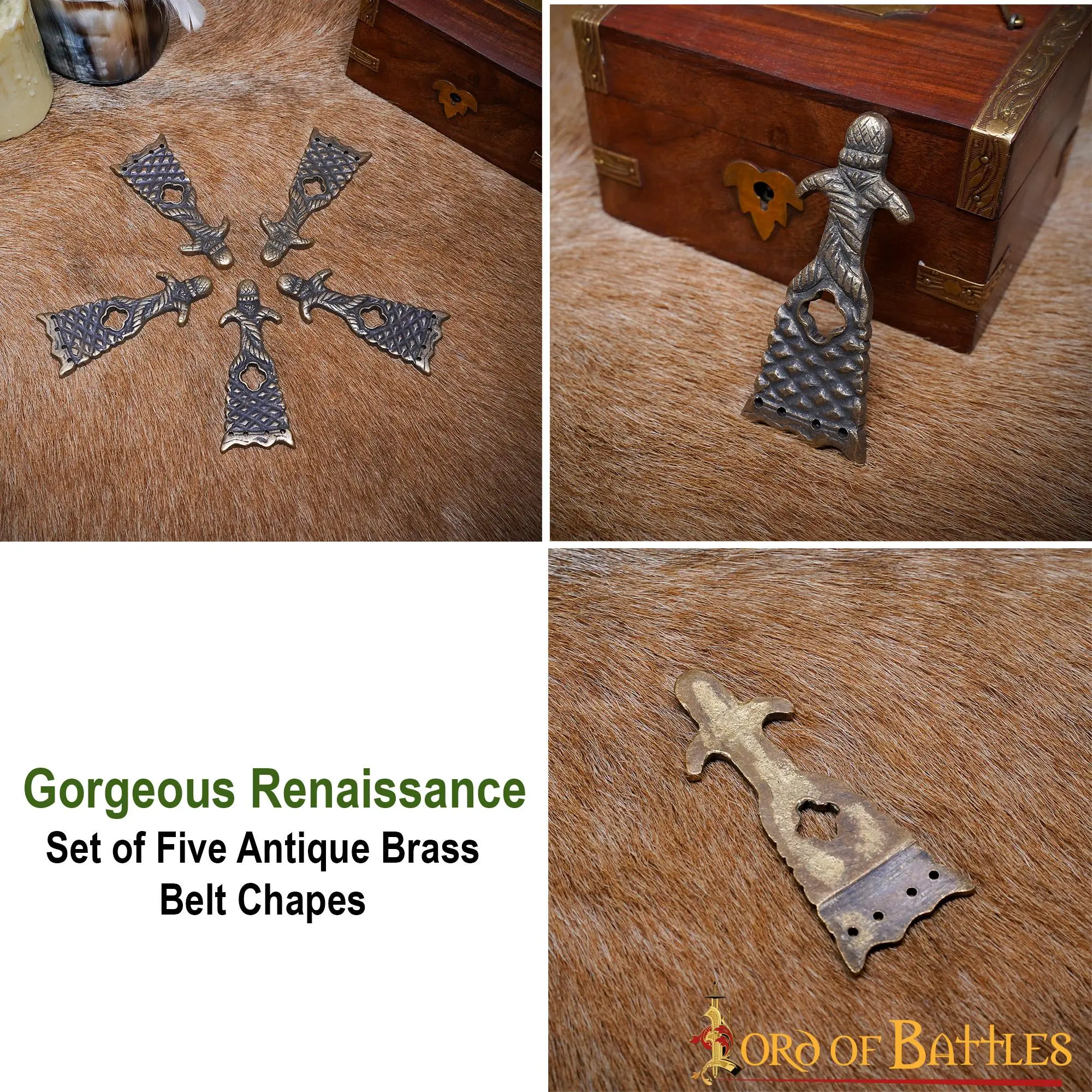Renaissance Belt End Chape Antique Brass Leather Belt Accessory Set Of 5 - Image 4