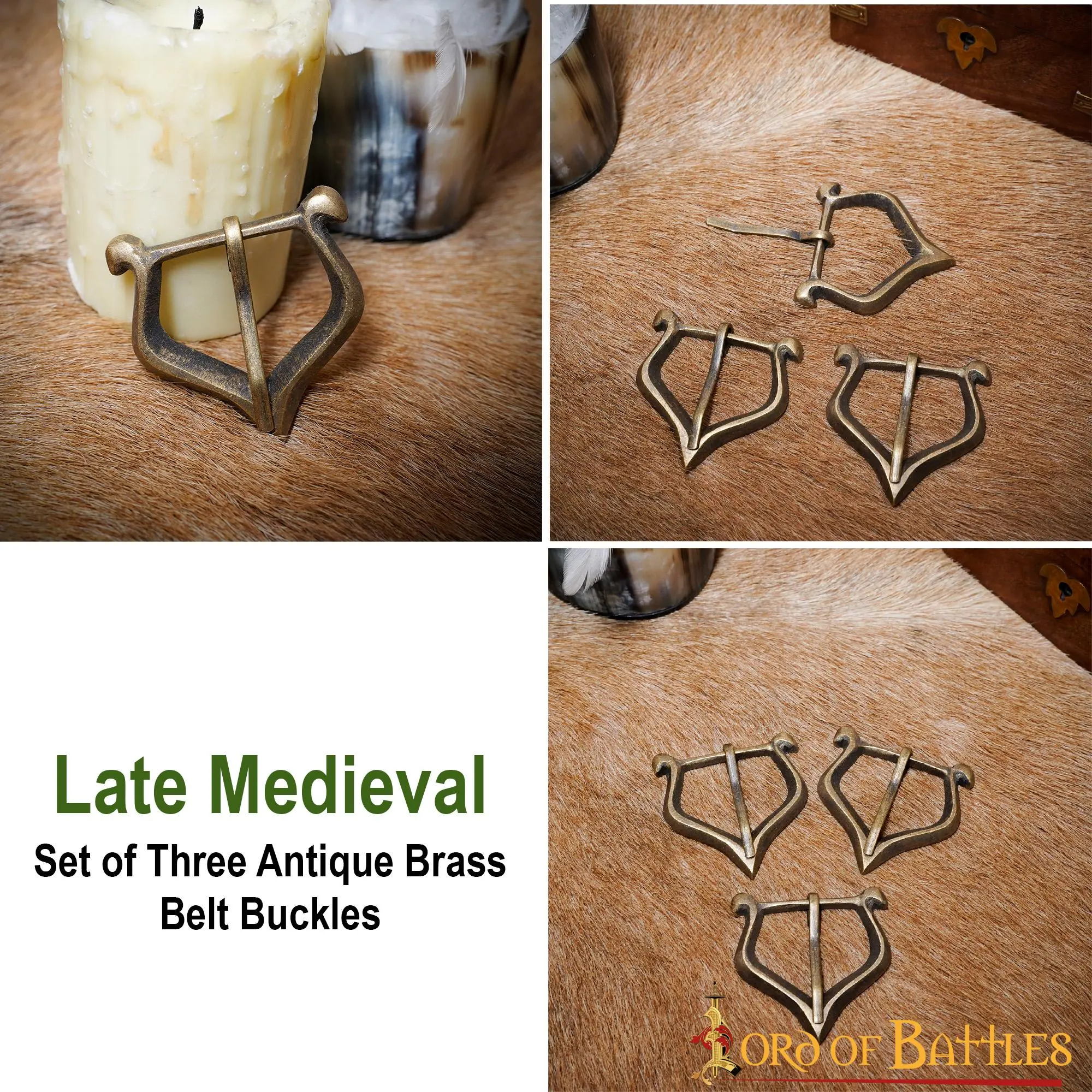 Late Medieval Antique Brass Belt Buckles Set Of 3 Functional Belt Accessory - Image 4