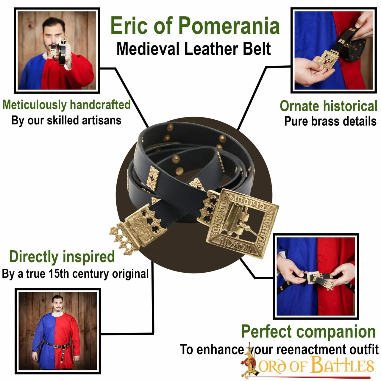 Medieval Eric Of Pomerania Leather Belt With Pure Brass Details - Image 5