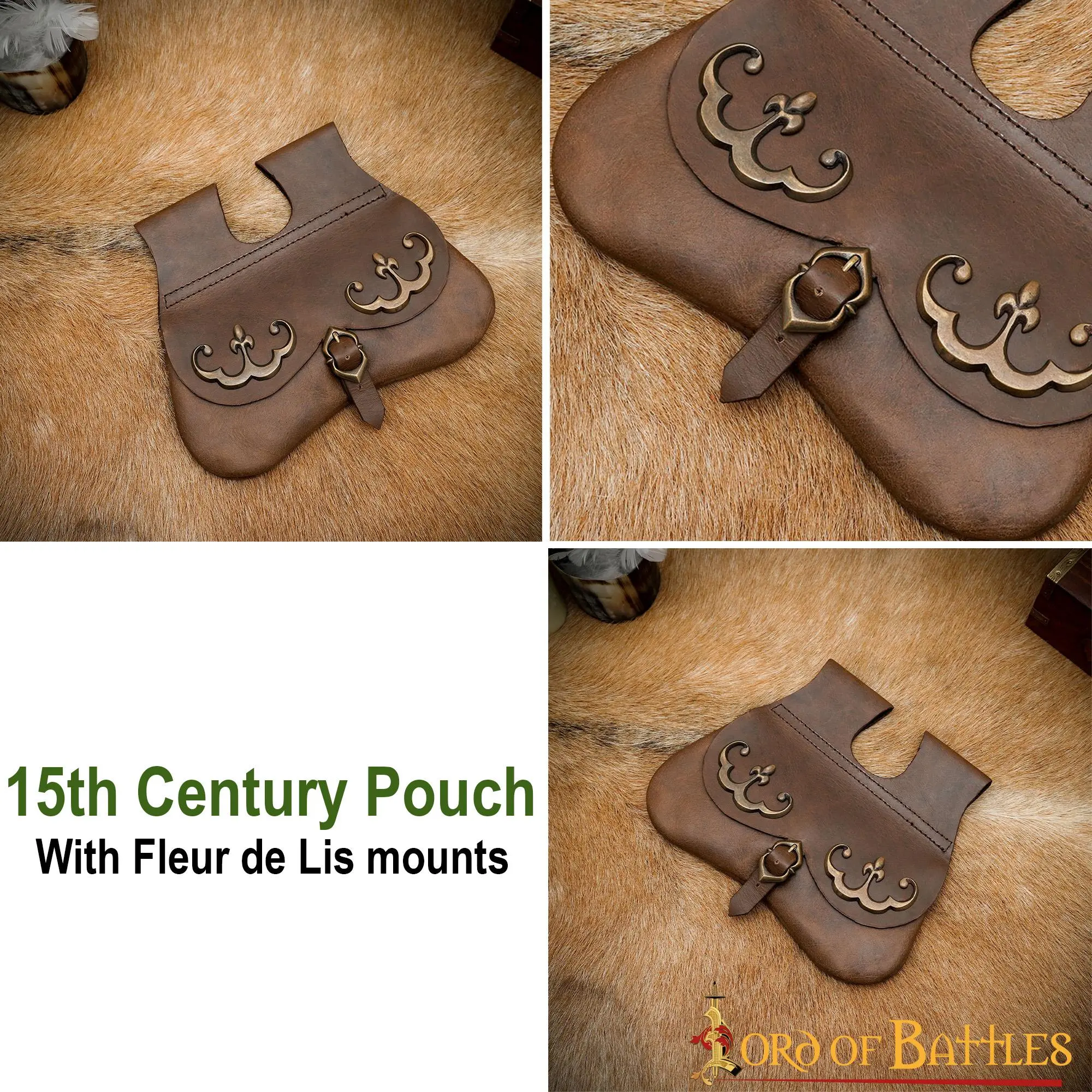 15th Century Pouch With Antique Brass Fleur De Lis Mounts - Image 5