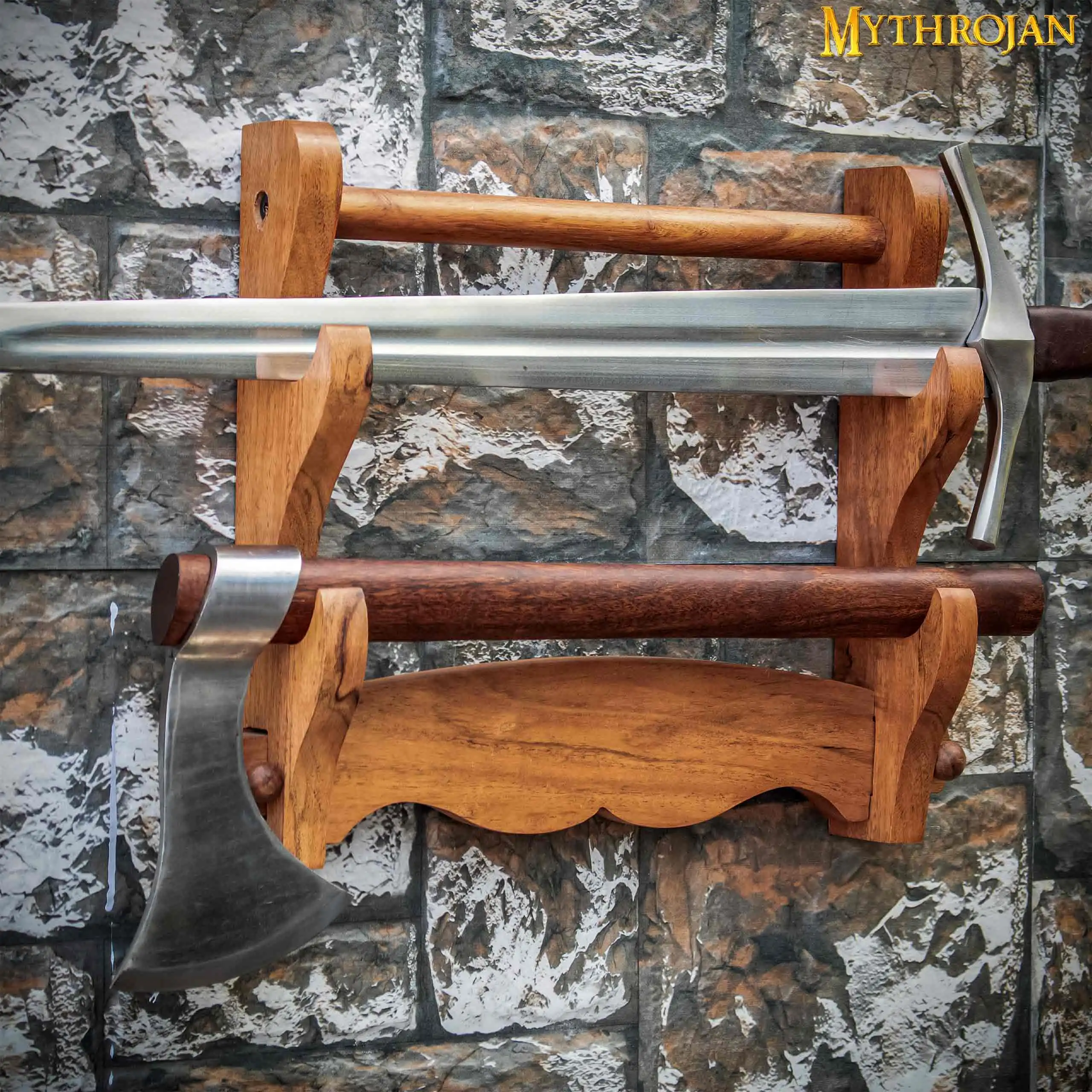 Mythrojan Wooden Sword Stand : Deluxe Solid Wood Two Tier Stand - Image 5