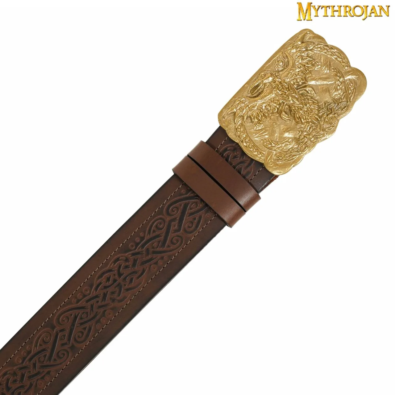 Mythrojan URBAN VIKING BELT WITH ODIN RAVEN SOLID BRASS BUCKLE & Embossed Real Leather - Image 4