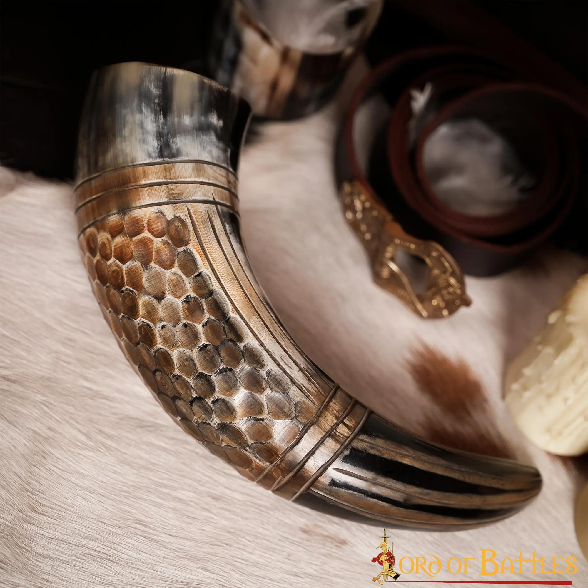 Drinking Horn With Engraved Honeycomb Handcrafted Genuine Ox Horn - Image 6