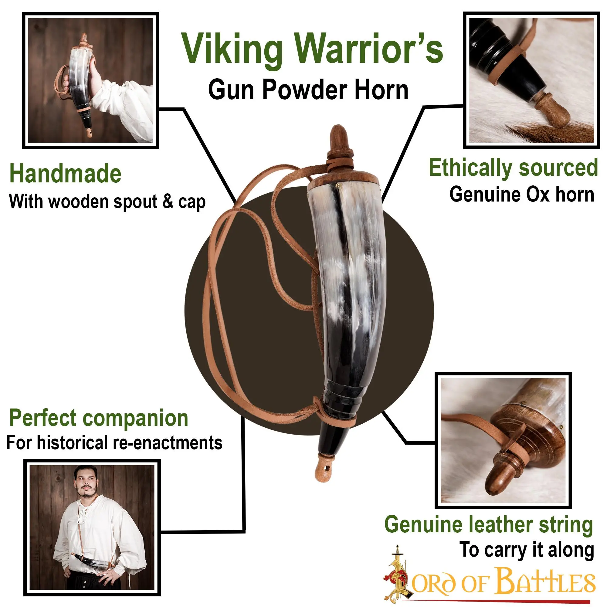Viking Warrior Gun Powder Horn Functional Genuine Horn Accessory - Image 4