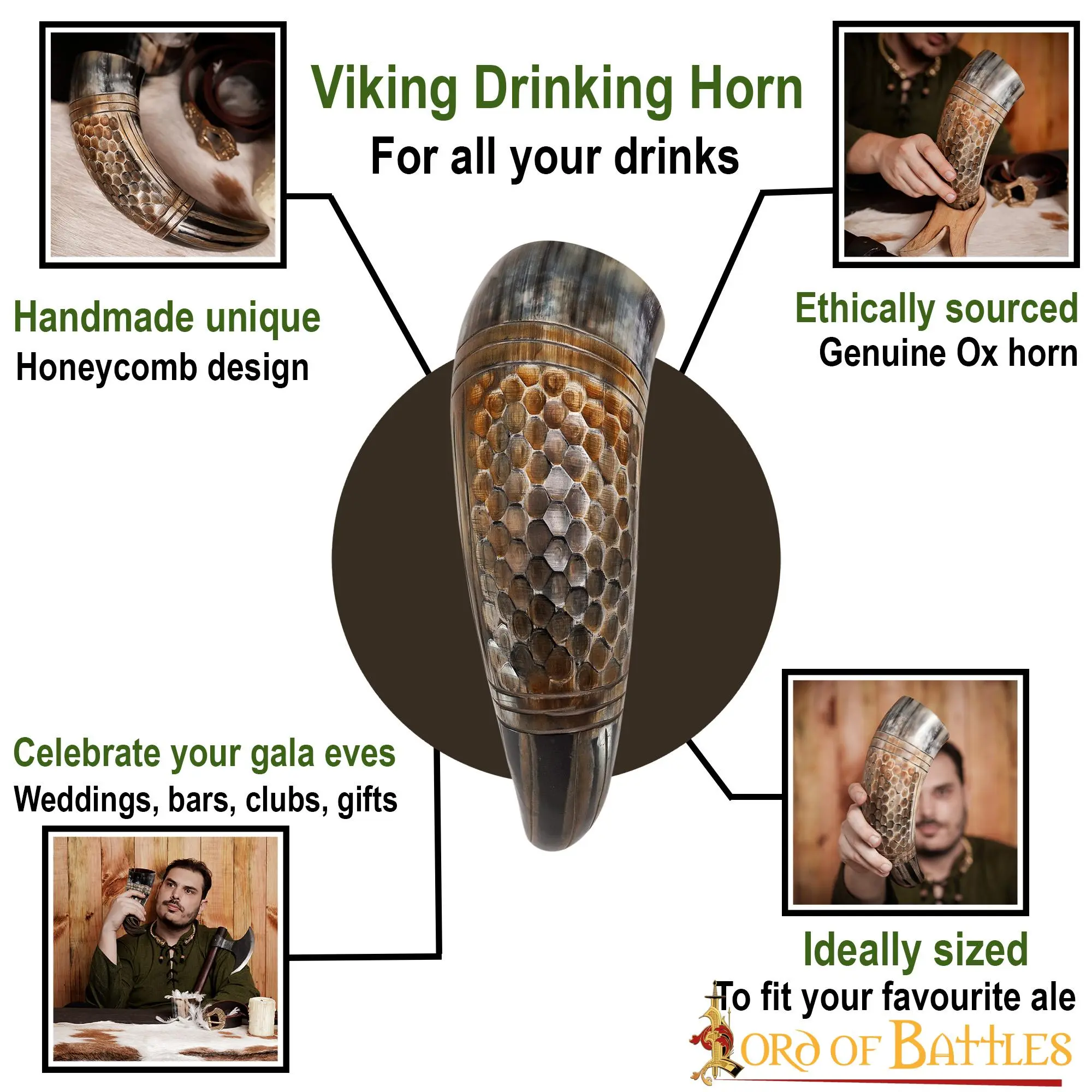 Drinking Horn With Engraved Honeycomb Handcrafted Genuine Ox Horn - Image 4