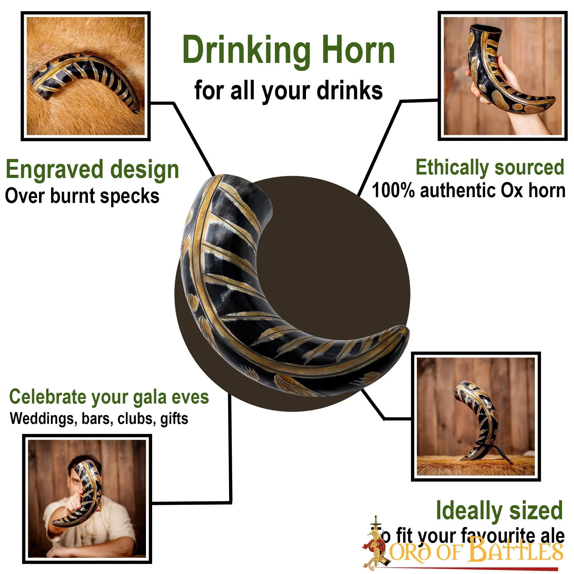 Medieval Viking Drinking Horn With Engraved Designs Handcrafted Genuine Ox Horn - Image 4