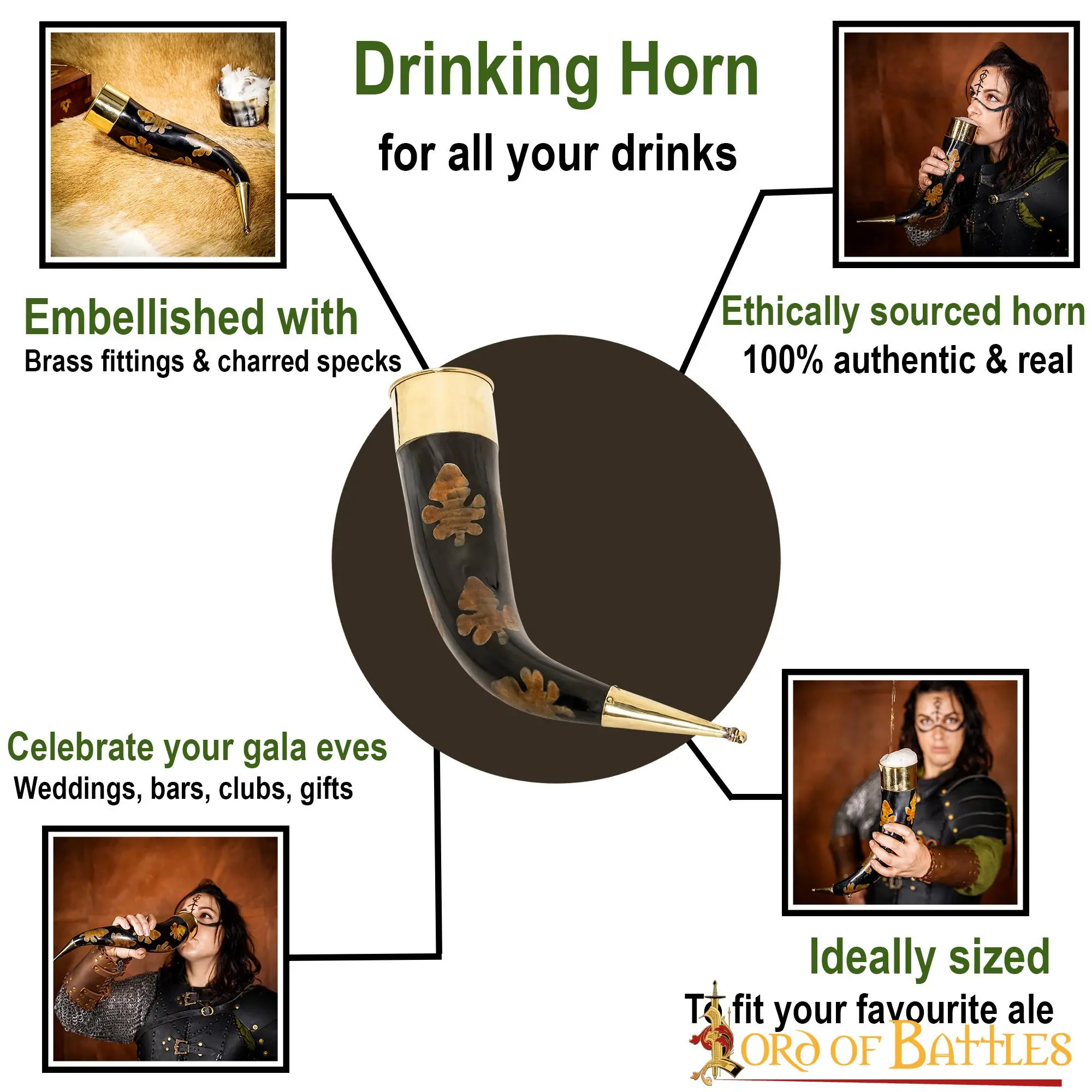 Drinking Horn With Charred Specks And Brass Fittings Handcrafted Genuine Ox Horn - Image 4