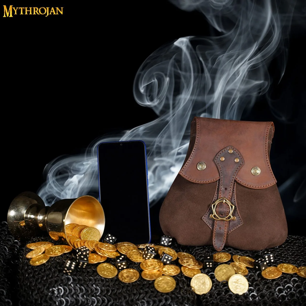 MYTHROJAN “STALWART WARRIOR” LEATHER POUCH For LARP, Medieval SCA Cosplay Brown, 8”×8” - Image 2