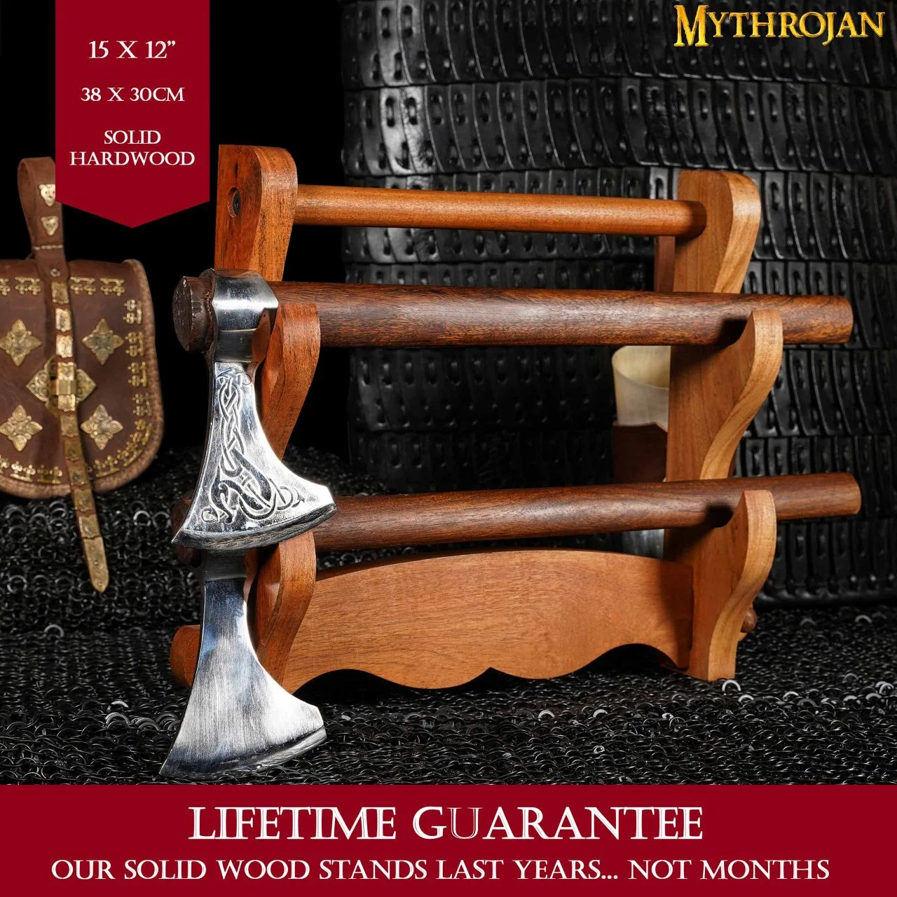 Mythrojan Wooden Sword Stand : Deluxe Solid Wood Two Tier Stand - Image 2