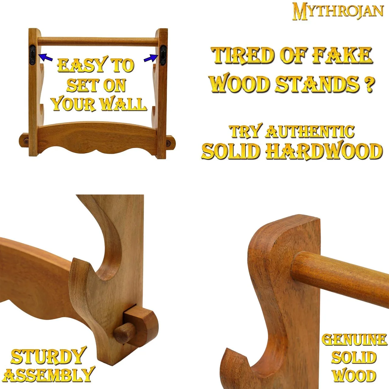Mythrojan Wooden Sword Stand : Deluxe Solid Wood Two Tier Stand - Image 3