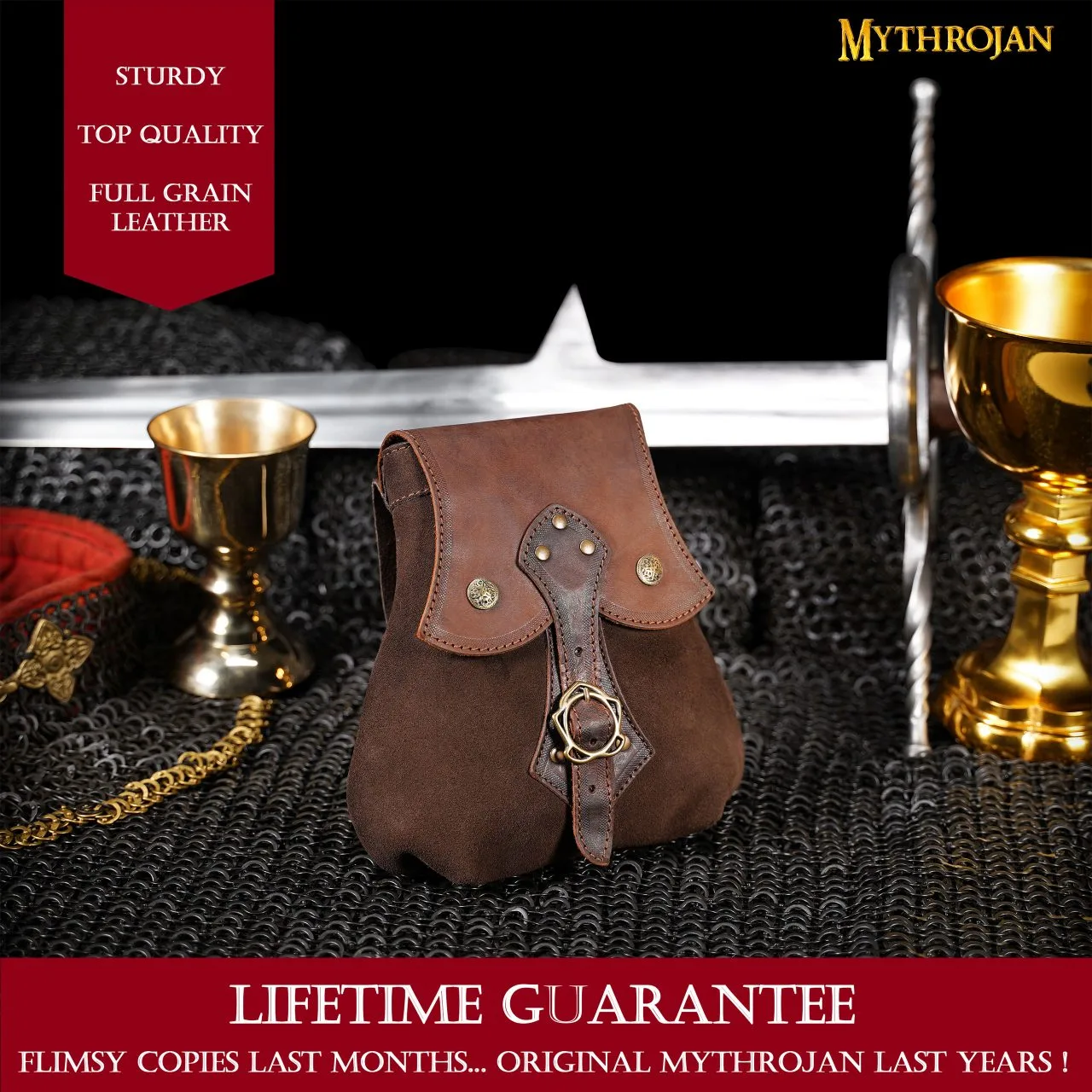 MYTHROJAN “STALWART WARRIOR” LEATHER POUCH For LARP, Medieval SCA Cosplay Brown, 8”×8” - Image 3
