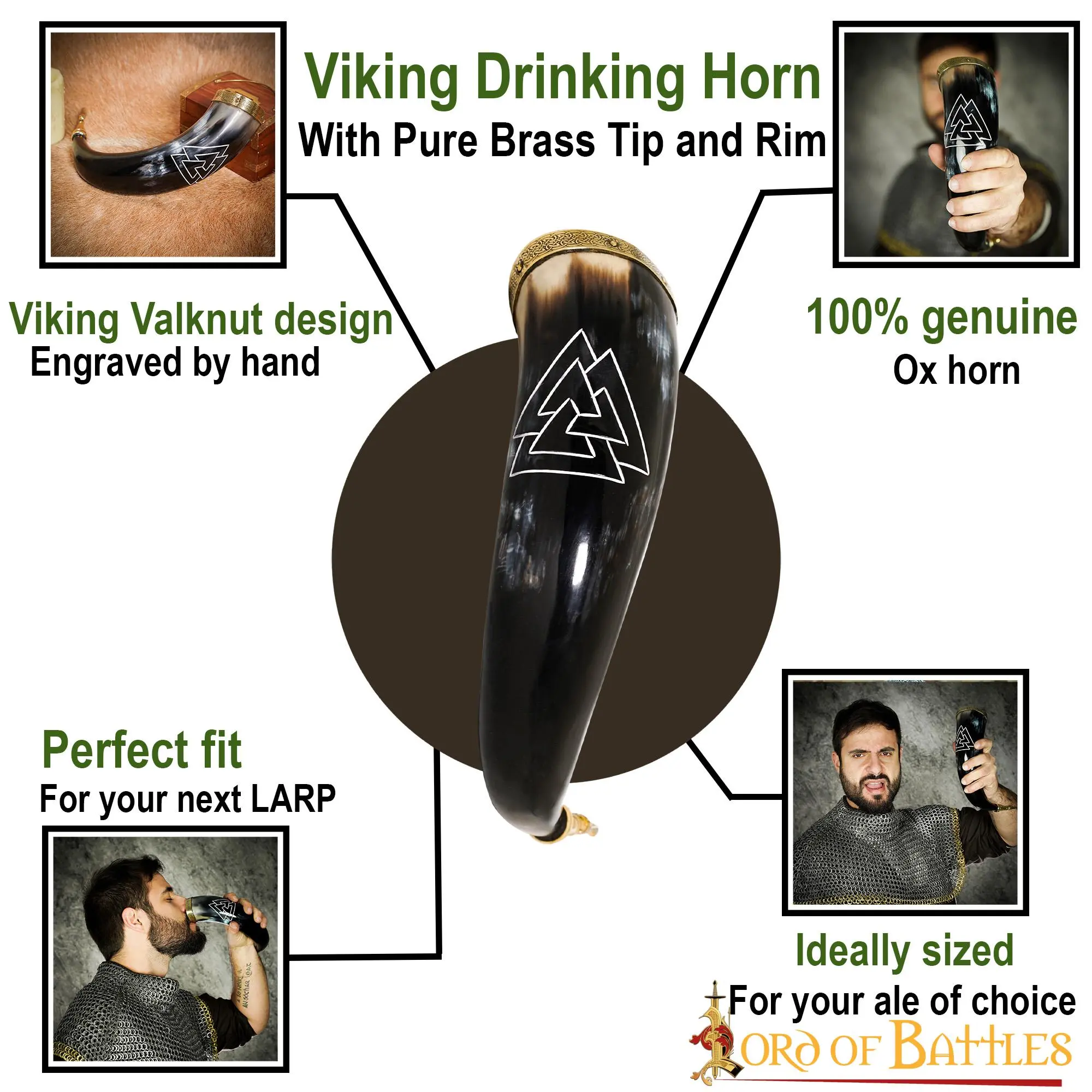 Medieval Viking Drinking Horn With Engraved Valknut Genuine Ox Horn - Image 4