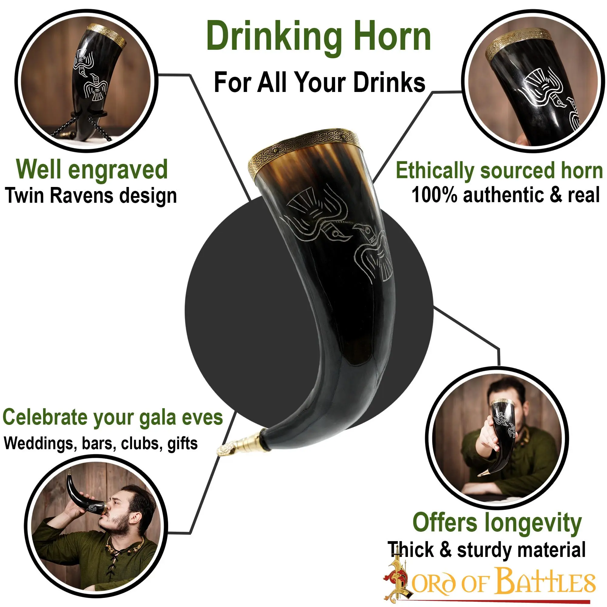 Medieval Odin’s Ravens Drinking Horn With Pure Brass Fittings Genuine Ox Horn - Image 4
