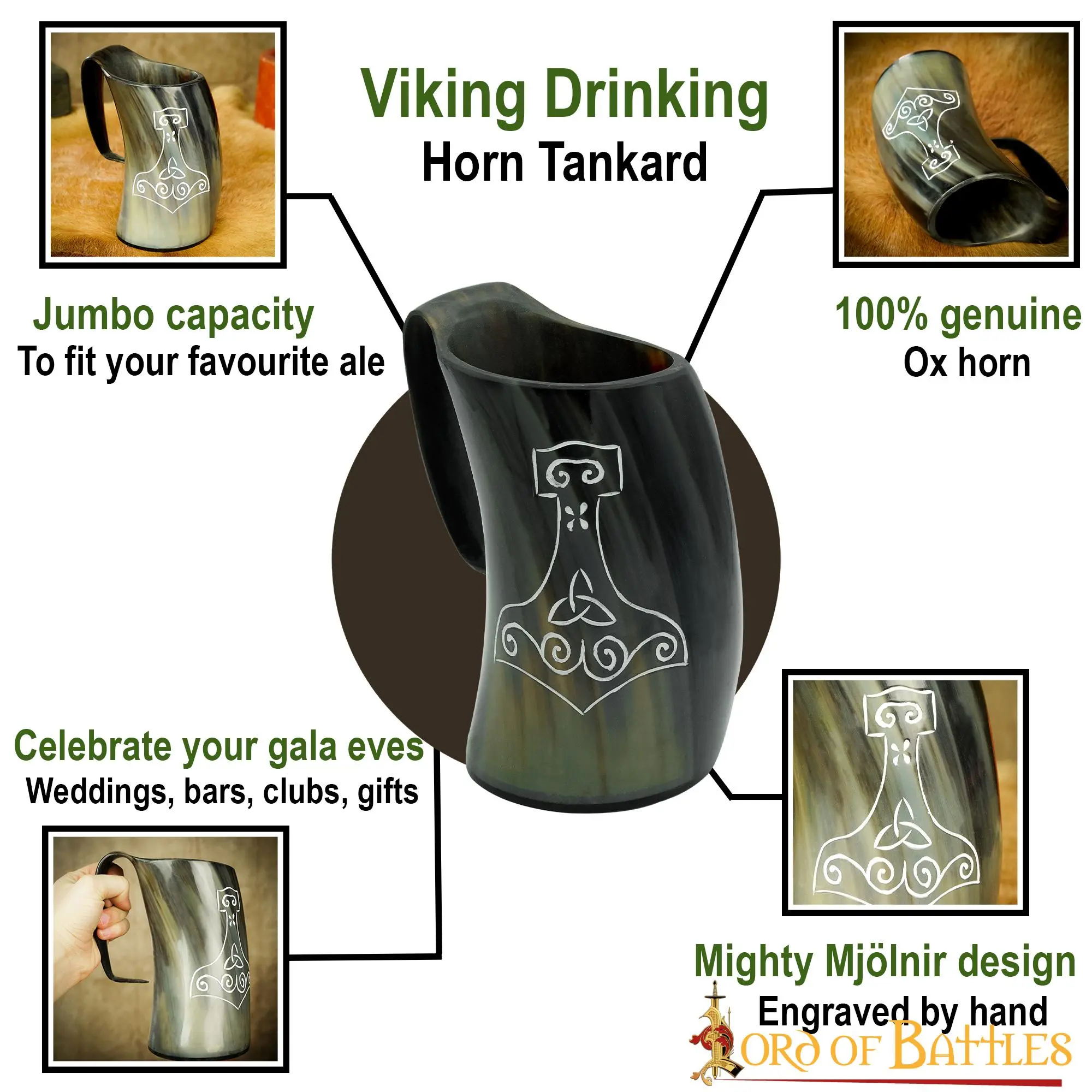 Medieval Viking Mjolnir Horn Tankard Beer Mug Handcrafted Genuine Ox Horn - Image 4