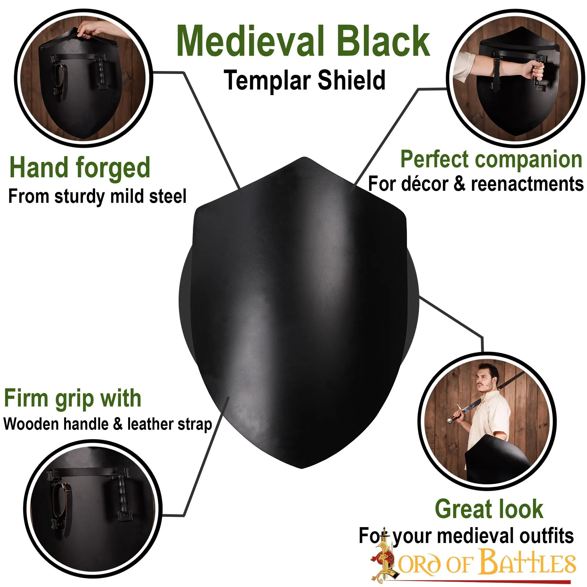 Medieval Templar Black Shield Steel Customizable Shield - Image 4