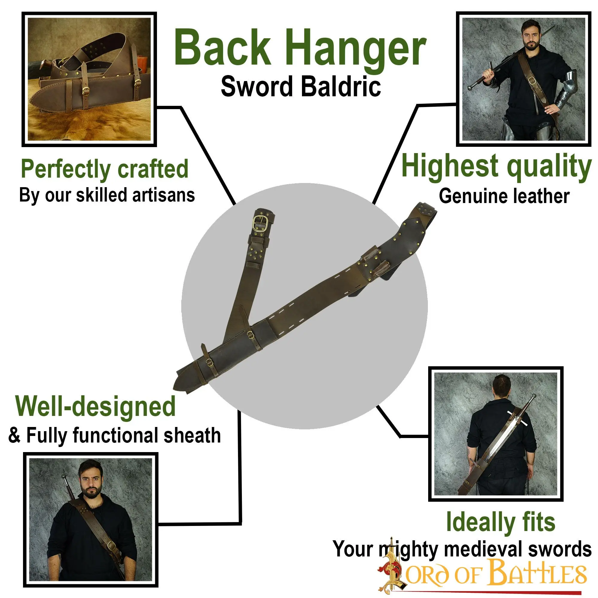 Medieval Back Hanger Baldric Genuine Leather Sword Sheath - Image 4