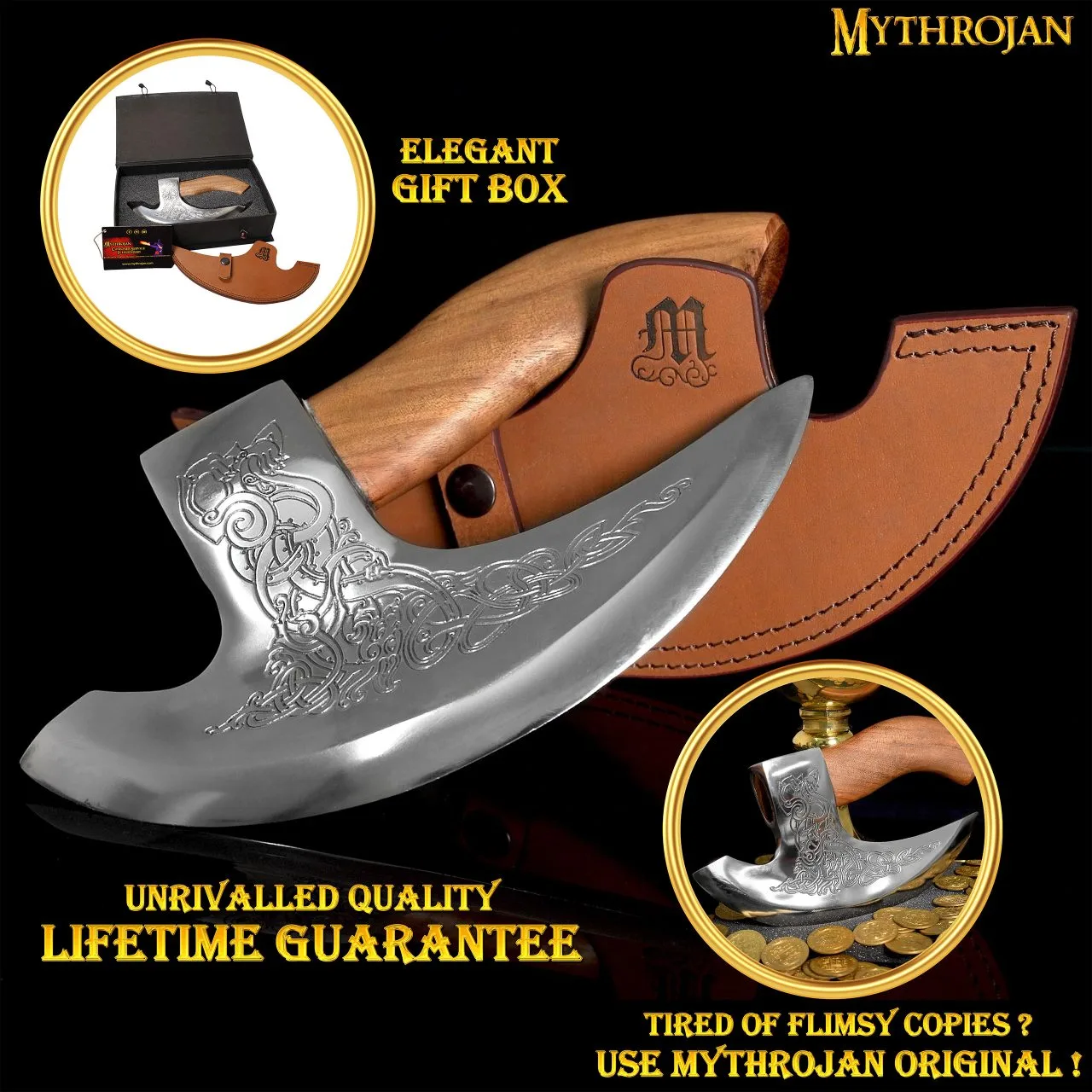 MYTHROJAN Viking Steel Pizza Axe Authentic Medieval Pizza Cutter Axe Mezzaluna Ulu Rocking Pizza Gift Knife - Image 2