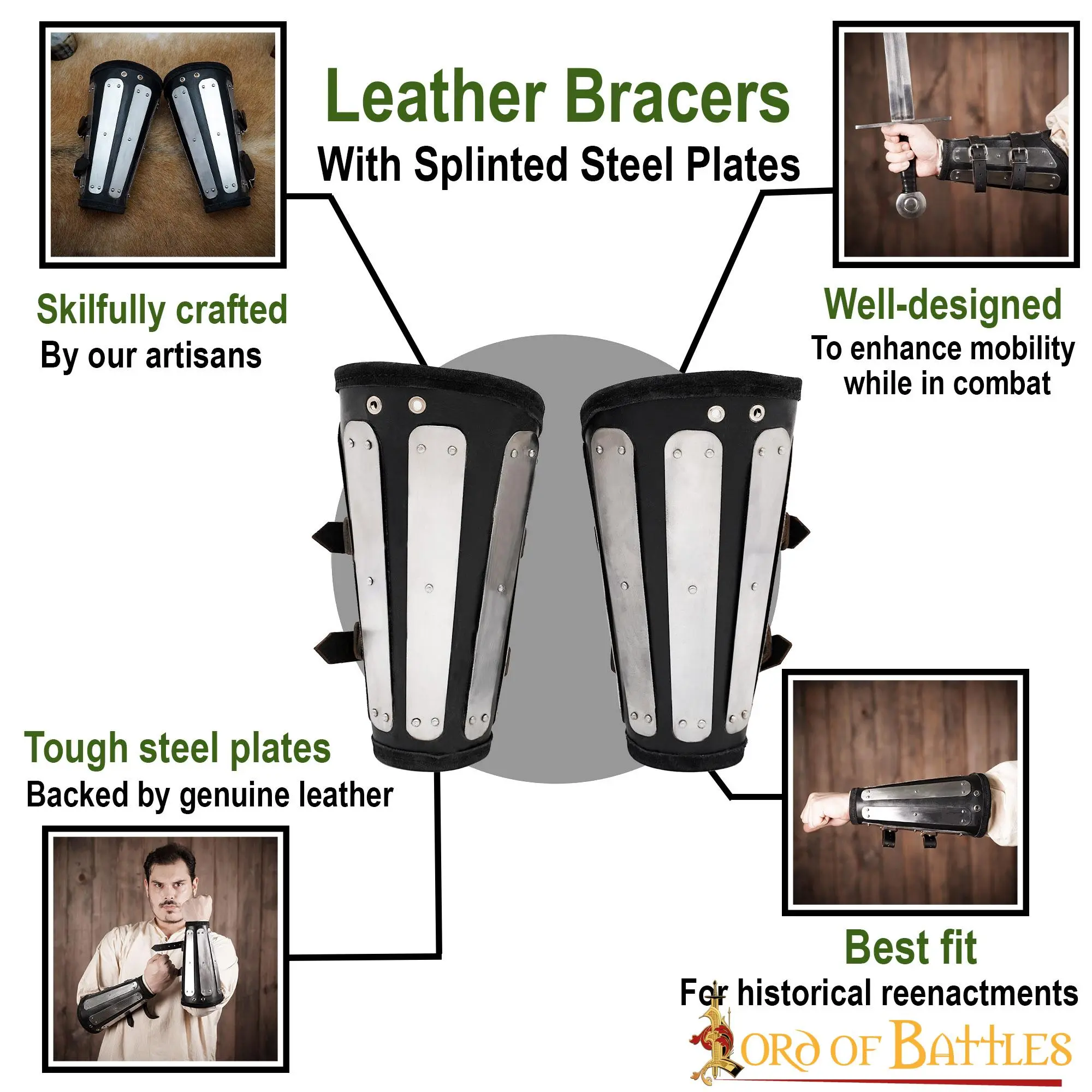 Genuine Leather Bracers With Splinted Metal Plates Arms Armor - Image 4