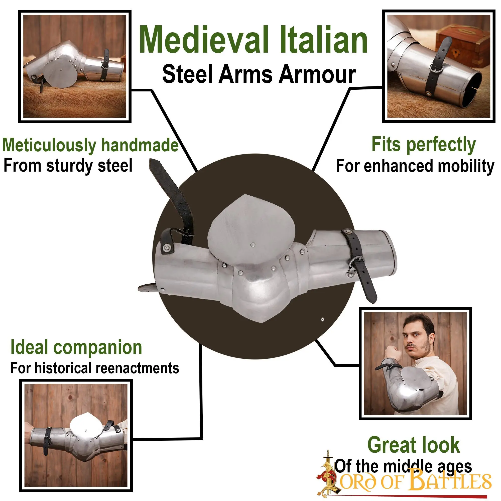 Medieval Italian Steel Arms Armor Fully Functional Vambraces 16 Gauge - Image 5