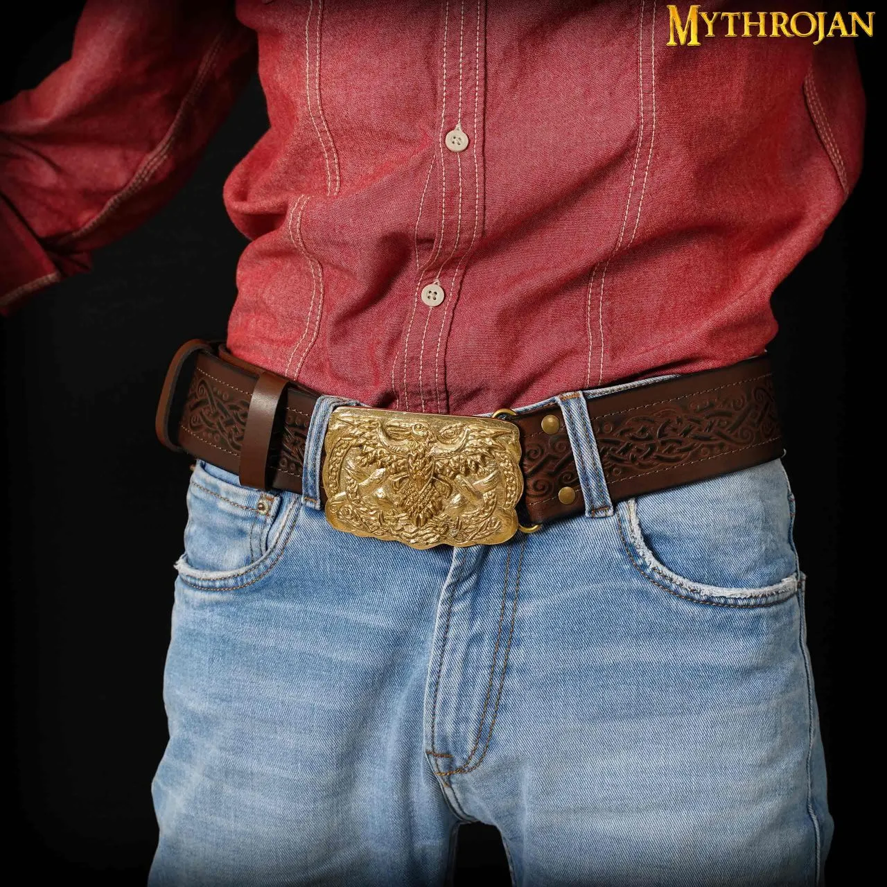 Mythrojan URBAN VIKING BELT WITH ODIN RAVEN SOLID BRASS BUCKLE & Embossed Real Leather - Image 6